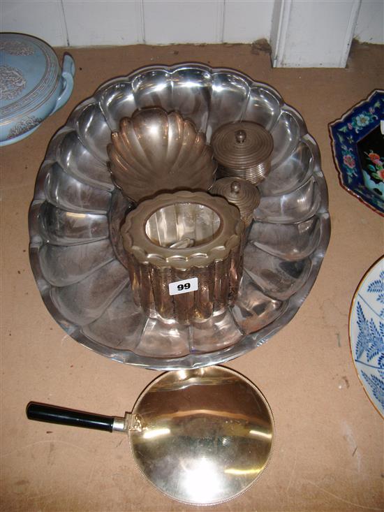 Oval pewter fluted bowl, a caddy, two boxes and a smaller bowl